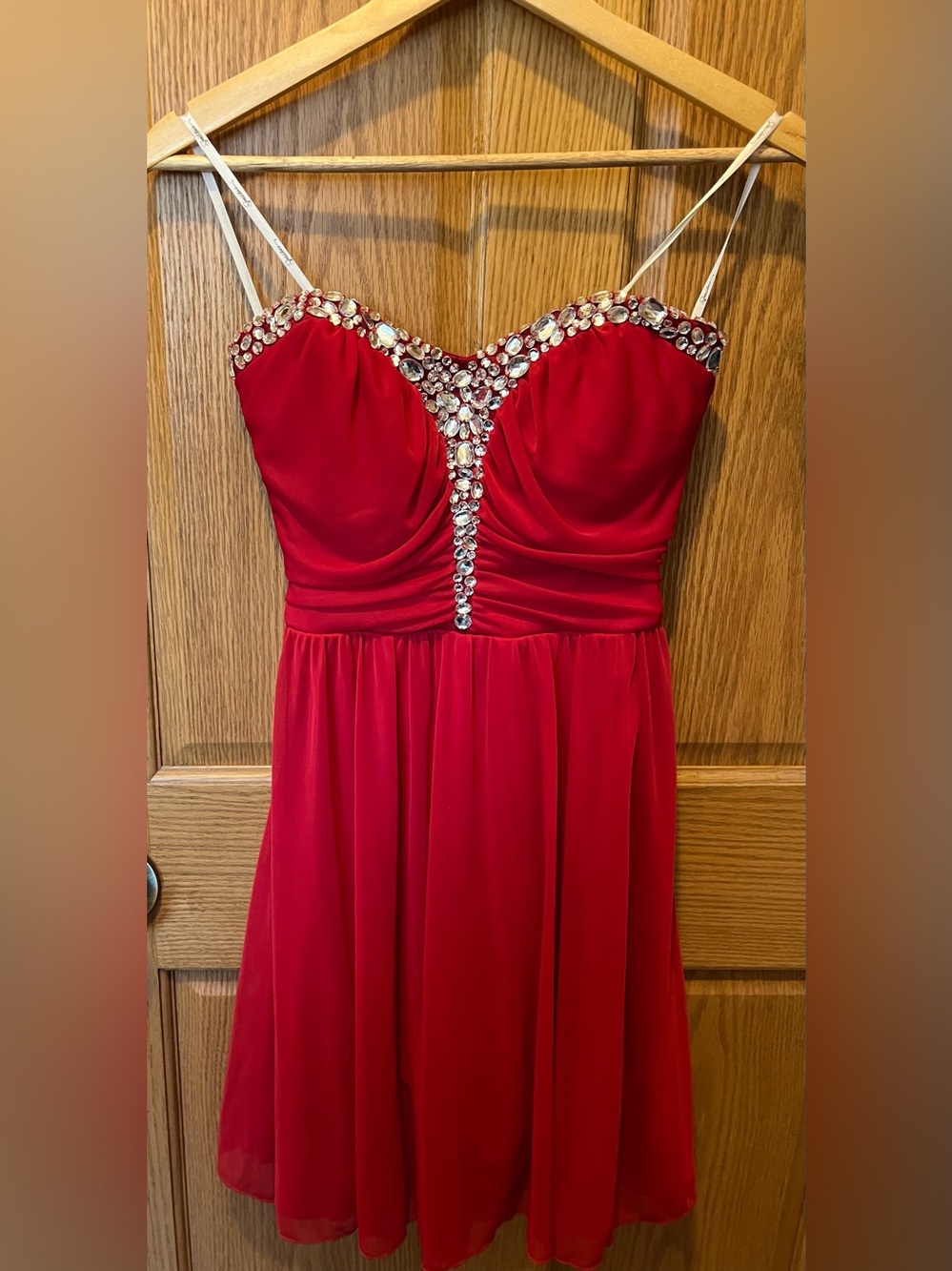 Speechless Red Strapless Evening Dress with Crystal Accents